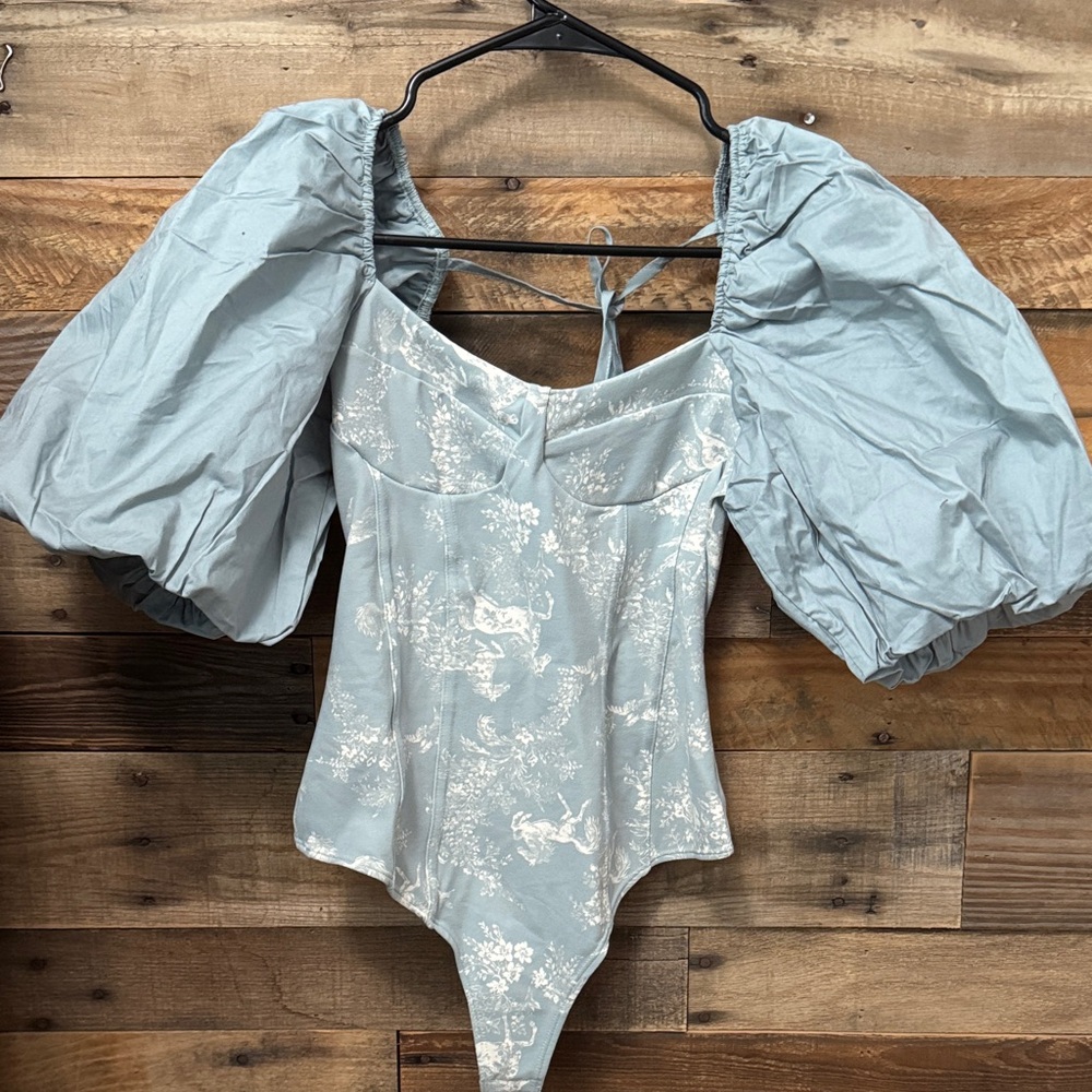 Free People Light Blue Puff Sleeve Bodysuit